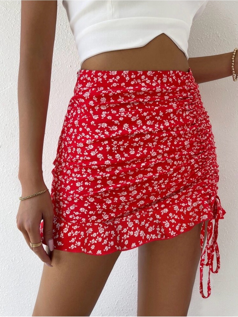 (NWT) SHEIN • Red Floral Ruched Mini Skirt with Side Ties